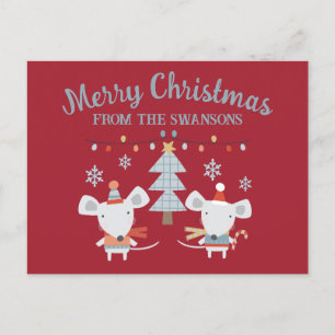 Schattige Kerstmuizen en Boom op Wijnrood Briefkaart