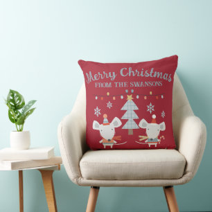 Schattige Kerstmuizen en Boom op Wijnrood Kussen
