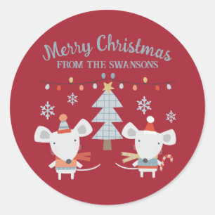 Schattige Kerstmuizen en Boom op Wijnrood Ronde Sticker