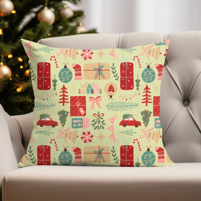 Schattige kerstontwerp in Preppy Pink en Mint Gree Kussen (cute coquette preppy pink and mint green christmas pattern pillow for holiday decor)
