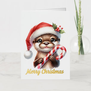 Schattige Kerstotter in Kerstmannenhoed Met Snoep  Folie Wenskaart
