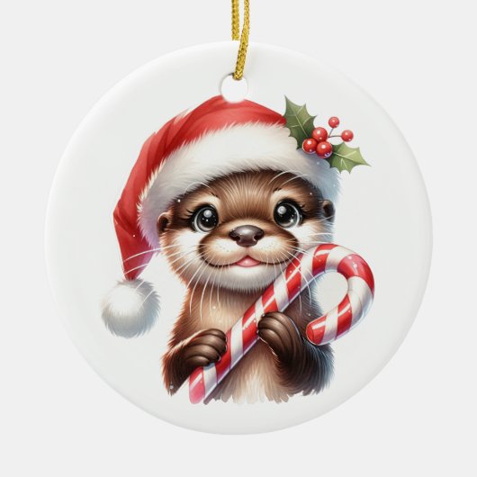 Schattige kerstotter in kerstmuts met Snoep Keramisch Ornament (Voorkant)