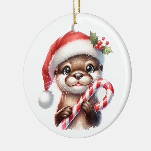 Schattige kerstotter in kerstmuts met Snoep Keramisch Ornament (Links)