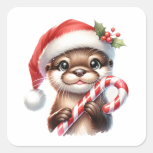 Schattige kerstotter in kerstmuts met Snoep Vierkante Sticker