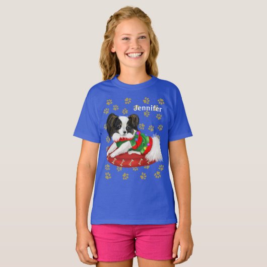 Schattige kerstpapillon Puppy Custom Name T-shirt (Voorkant volledig)
