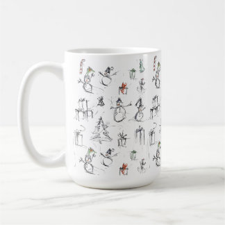Schattige kerstpatroon met sneeuwman, boom en gif koffiemok