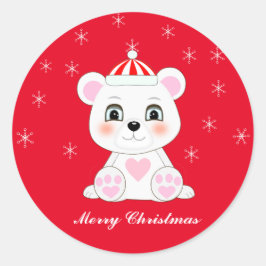Schattige Kerstpoolbeer & Sneeuwvlokken op Rood Ronde Sticker