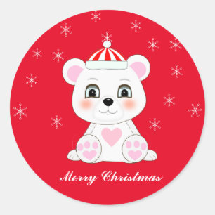 Schattige Kerstpoolbeer & Sneeuwvlokken op Rood Ronde Sticker