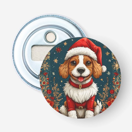 Schattige Kerstpuppy Button Flesopener (Voorkant)