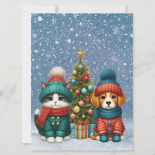 Schattige Kerstpuppy & kitten Feestdagenkaart