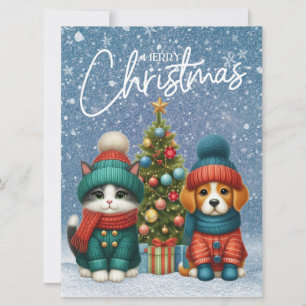 Schattige Kerstpuppy & kitten Feestdagenkaart