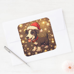 Schattige Kerstpuppy met Kerstmanhoed Cartoon Glit Vierkante Sticker