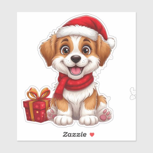 Schattige Kerstpuppy Met Kerstmannenhoed Sticker (Vel)