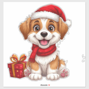Schattige Kerstpuppy Met Kerstmannenhoed Sticker