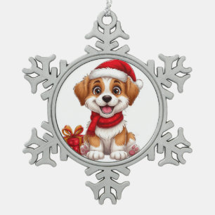 Schattige Kerstpuppy Met Kerstmannenhoed Tin Sneeuwvlok Ornament