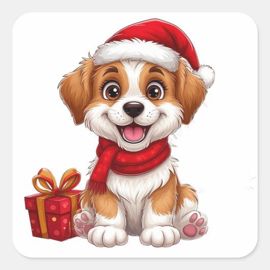 Schattige kerstpuppy met kerstmuts vierkante sticker (Voorkant)
