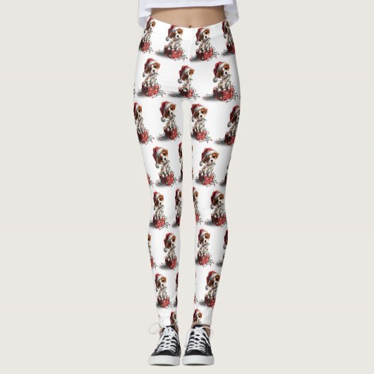 Schattige Kerstpuppy op Cadeaudoos Leggings (Voorkant)