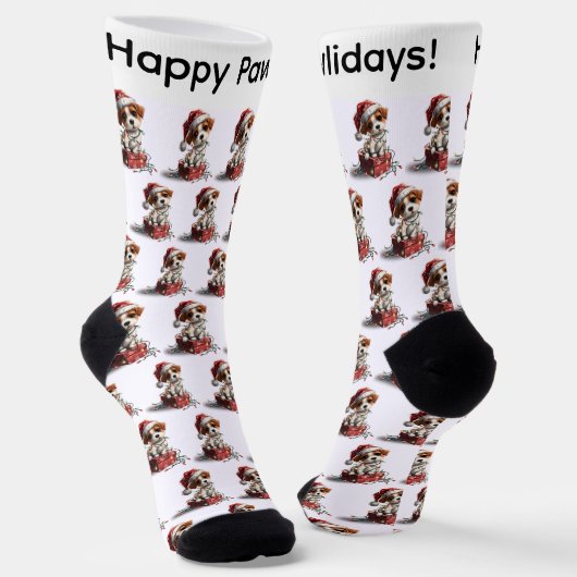 Schattige Kerstpuppy op Cadeaudoos Sokken (Gebogen)