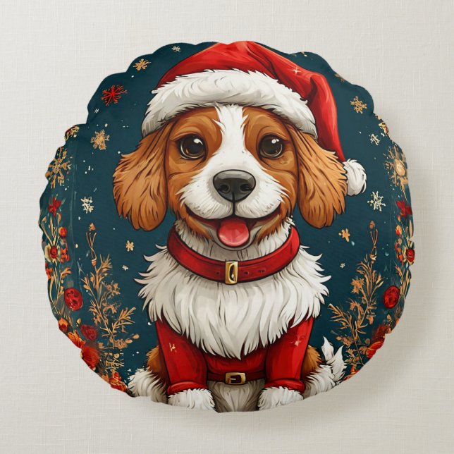 Schattige Kerstpuppy Rond Kussen (Voorkant)