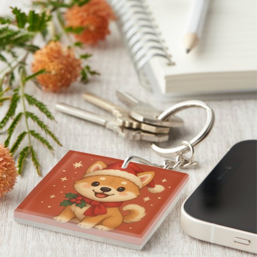 Schattige Kerstpuppy Sleutelhanger (Voorkant Rechts)