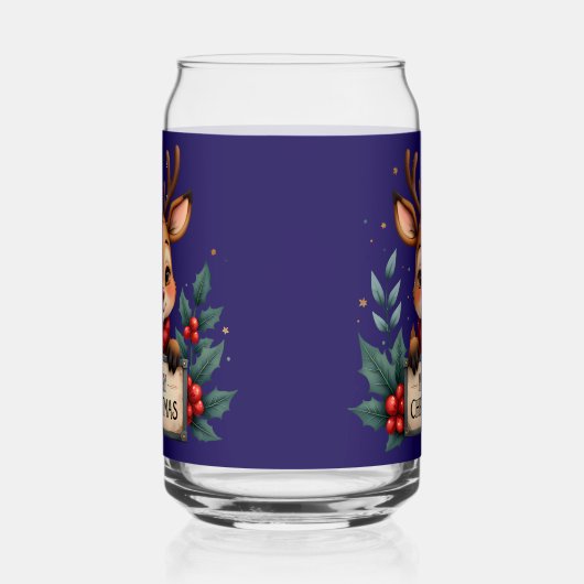 Schattige Kerstrendier met Holly en Teken Blikvorm Glas (Links)
