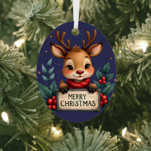 Schattige Kerstrendier met Holly en Teken Metalen Ornament