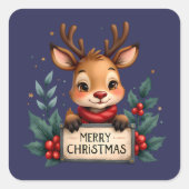 Schattige Kerstrendier met Holly en Teken Vierkante Sticker (Voorkant)