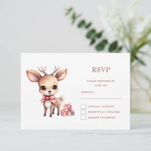 Schattige Kerstrendier met Vakantie Cadeaus RSVP Kaartje (Staand voorkant)