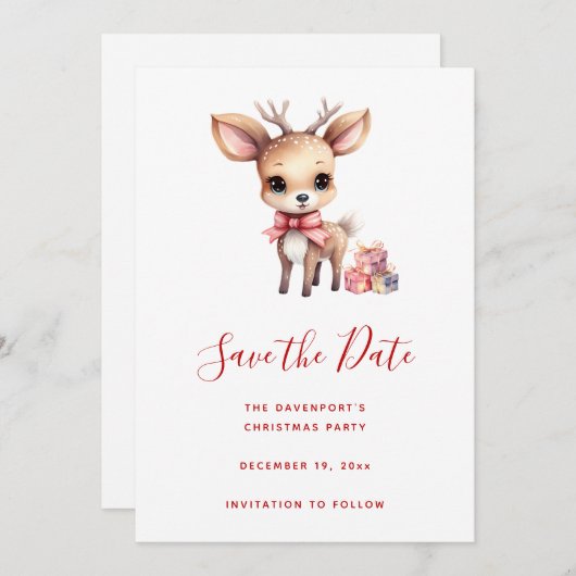 Schattige Kerstrendier met Vakantie Cadeaus Save The Date (Voorkant / Achterkant)