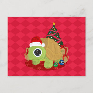 Schattige Kerstschildpad op Festive Rode Ruit Briefkaart