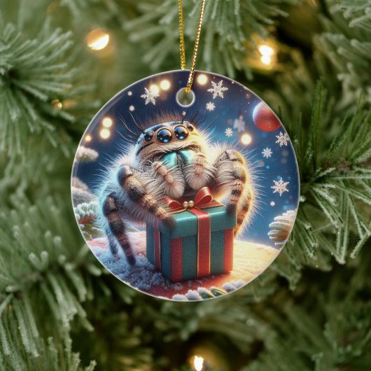 Schattige Kerstspringspin die een cadeau vasthoudt Keramisch Ornament (Boom)