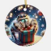 Schattige Kerstspringspin die een cadeau vasthoudt Keramisch Ornament (Voorkant)
