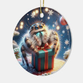 Schattige Kerstspringspin die een cadeau vasthoudt Keramisch Ornament (Links)