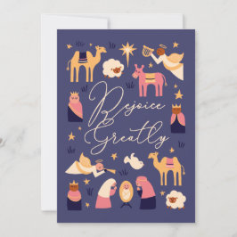 Schattige kerststal scene platte kerstkaart