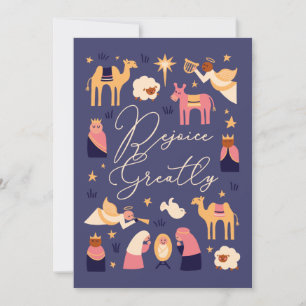 Schattige kerststal scene platte kerstkaart