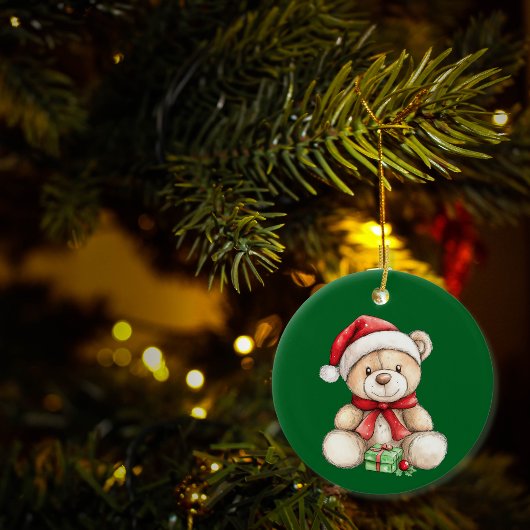 Schattige Kerstteddybeer gepersonaliseerd Keramisch Ornament