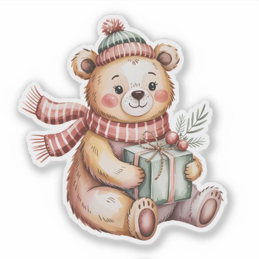 Schattige Kerstteddybeer met Geschenk Waterverf Sticker (Voorkant)