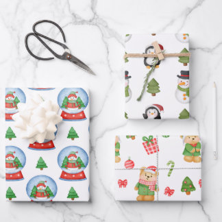 Schattige Kerstteddybeer, Sneeuwman, Pinguïn Inpakpapier Vel