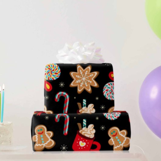 Schattige kerstthema patroon zwart cadeaupapier