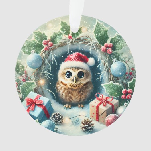 Schattige kerstuil met kerstmuts ornament (voorkant)