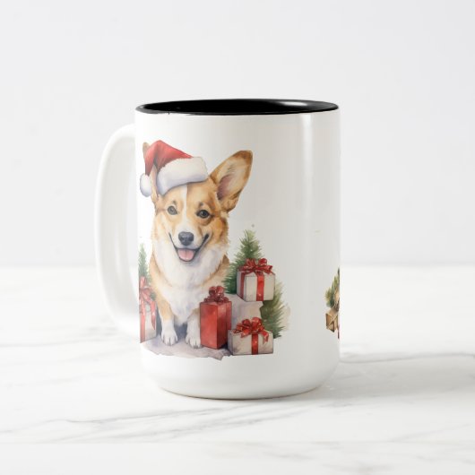 SCHATTIGE KERSTVAKANTIE CORGIS CADEAUS TWEEKLEURIGE KOFFIEMOK (Voorkant links)