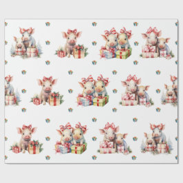 Schattige kerstvakantie Happy Pigs op Wit Cadeaupapier