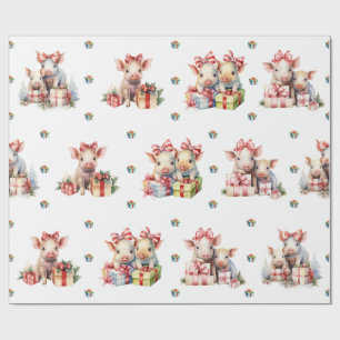Schattige kerstvakantie Happy Pigs op Wit Cadeaupapier