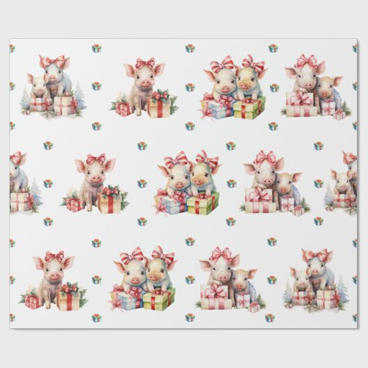 Schattige kerstvakantie Happy Pigs op Wit Cadeaupapier (Vlak)