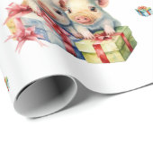 Schattige kerstvakantie Happy Pigs op Wit Cadeaupapier (Rol Hoek)