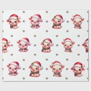 Schattige kerstvakantie Kawaii Pigs op White II Cadeaupapier