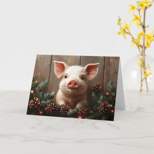 Schattige kerstvarken rustiek schilderij kaart (Gele Bloem)