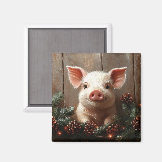Schattige kerstvarken rustiek schilderij magneet (Voorkant / Achterkant)
