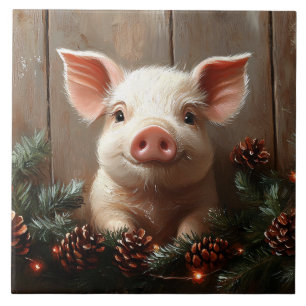 Schattige kerstvarken rustiek schilderij tegeltje