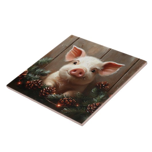 Schattige kerstvarken rustiek schilderij tegeltje (Zijkant)